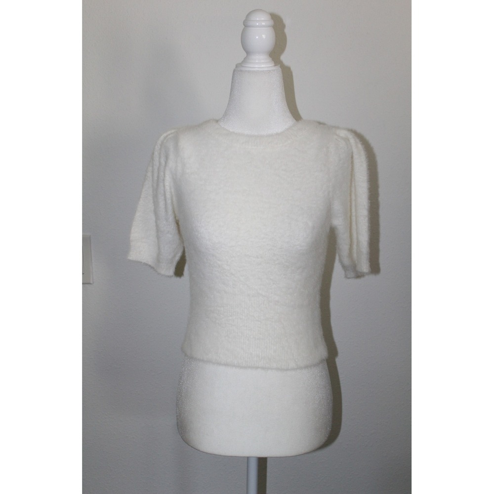 Walking On Sunshine Cream White Fuzzy Puff Short Sleeve Knit Sweater Large